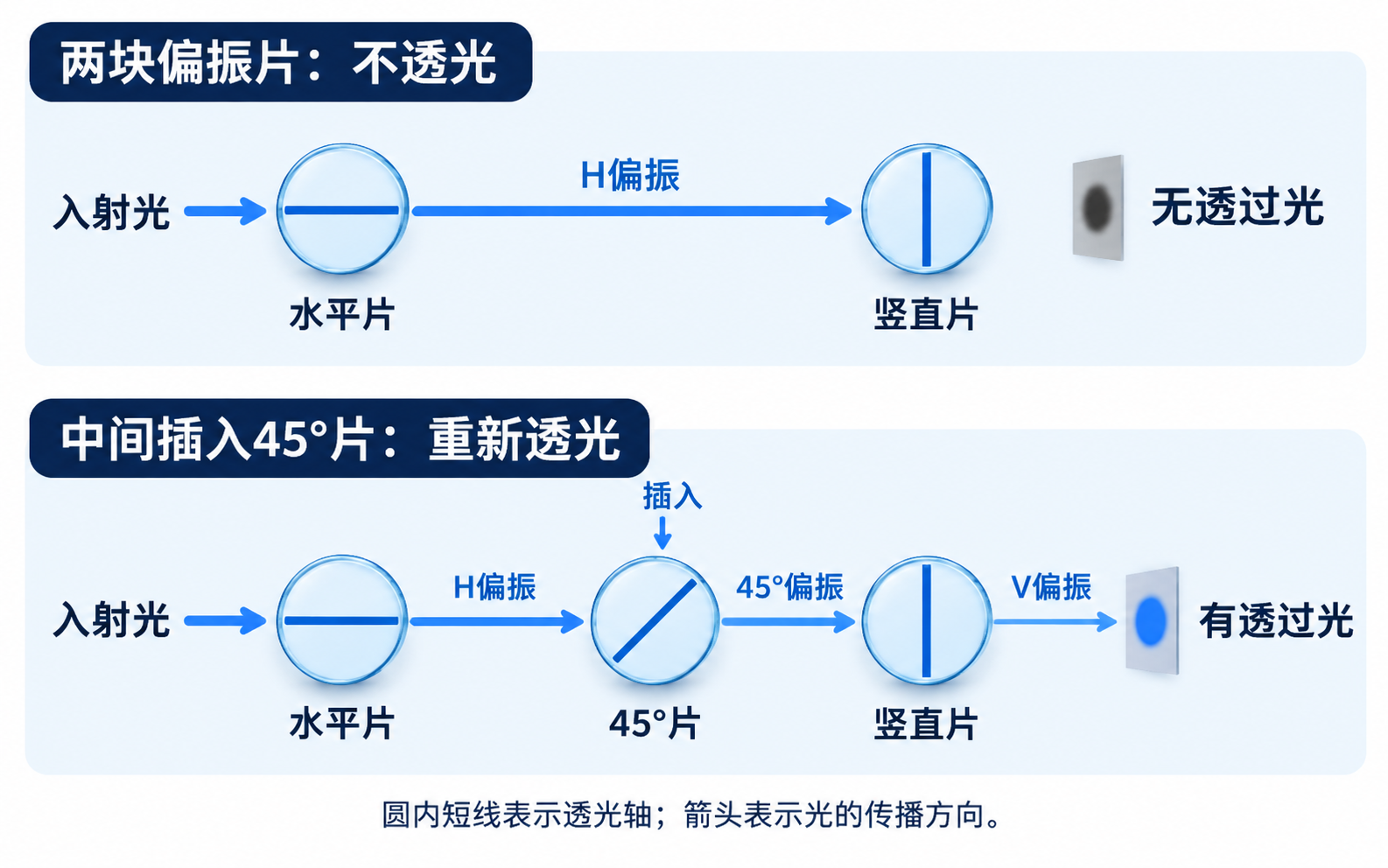 上下两排对照:水平片与竖直片之间没有其他元件时,无透过光;在中间插入45度偏振片后,光依次呈H、45度和V偏振,末端重新有透过光。