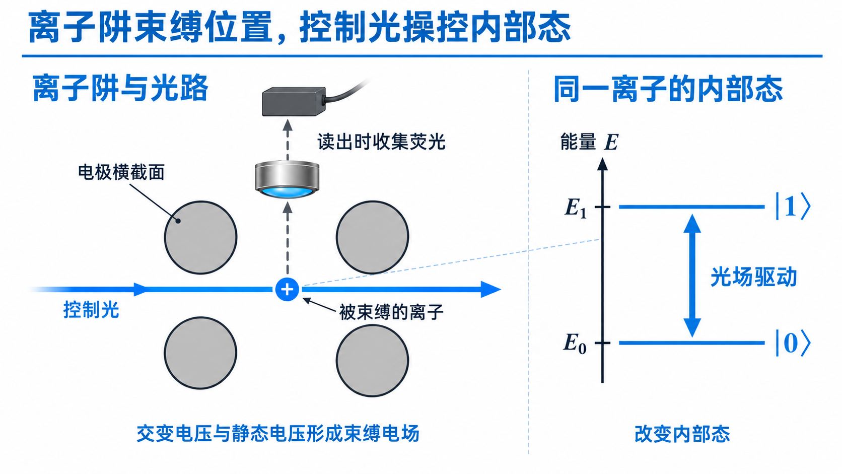 四个电极横截面围绕中心的一个正离子,控制光从左向右经过离子,上方镜头与探测器收集读出阶段的荧光;右侧能级图标出同一离子的0和1两个内部态及光场驱动。